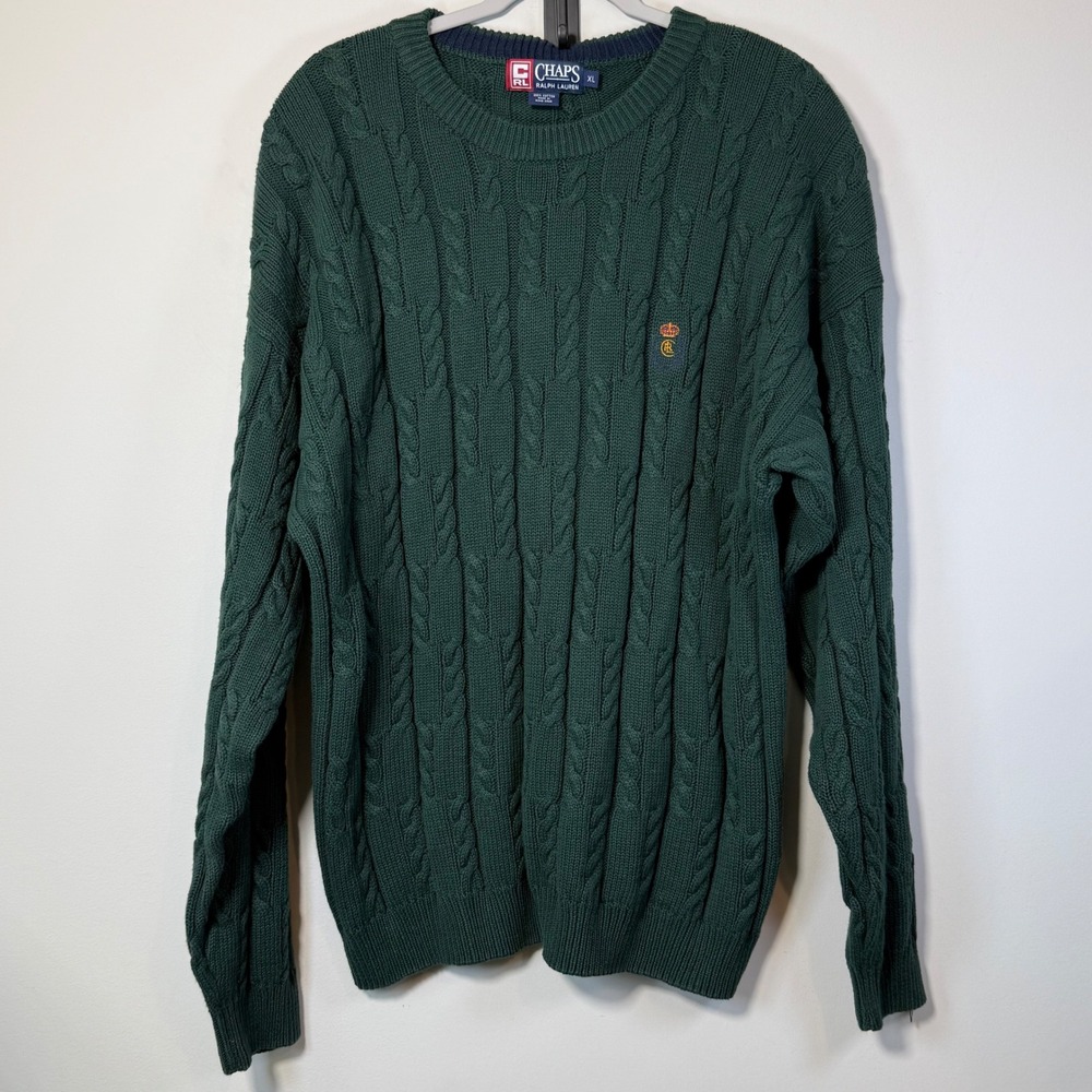 Chaps Ralph Lauren Sweater Mens XL Green Cable Knit Crest Vintage 90s Collegiate
